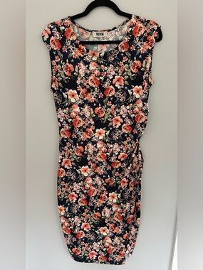 VERSE Navy Floral Midi Sheath Dress with Coral Blooms Stretchy Feminine Fit